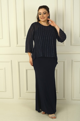 İçi İp Askılı Astarlı Uzun Sandy Elbise Arkası Düğmeli Boncuklu Şifon Bluz Büyük Beden 2'li Takım Lacivert