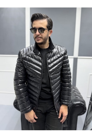Avni Ceylan Erkek Parlak Şık Slim Fit Kışlık Şişme Mont Siyah