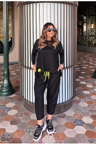 Gülsüm Aydın Kadın Iki Iplik Viskon Pamuk Kumaş Arma Detaylı Ikili Takım Siyah