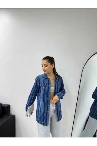 Shevega Kadın Çizgili Mavi Işlemli Boyfriend Kot Ceket Mavi