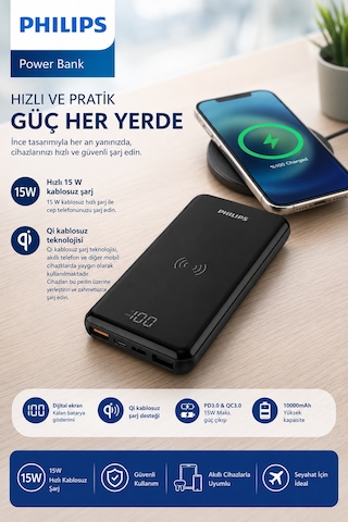 Philips DLP9520C/00 10000mAh Kablosuz Powerbank15W Qi Kablosuz Şarj, 20W PD USB-C, QC 3.0, LCD Ekran Siyah