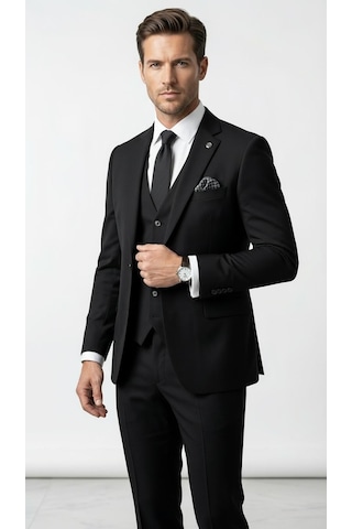 Erkek 3 Parça Slim Fit Takım Elbise Klasik Likralı Kumaş, Tek Düğme, Çift Yırtmaçlı Modern Kesim Ceket Yelek Pantolon Siyah