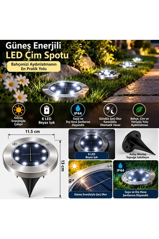 Güneş Enerjili Led Çim Spotu 8 Led Beyaz Işık Ip44 Bahçe Ve Yürüyüş Yolu Aydınlatması Krom