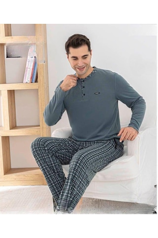 Pijamoni Erkek Düğme Yaka Kışlık Mikrosoft Likralı Pijama Takımı 6410/9 - 1 Adet Gri