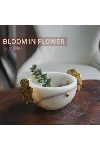 Yaprak Aksanlı Şık Beyaz Mermer Kase Lüks Ev Dekorasyon Merkezi