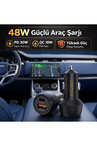 Polham 48w Süper Hızlı Type C Ve Usb Girişli Araç İçi Şarj Cihazı, Pd 30w + Qc 18w Çift Port 12v/24v 1 Adet