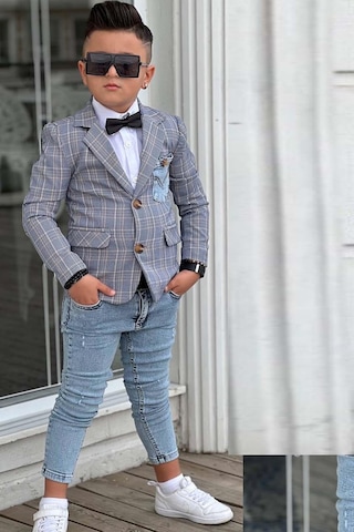 Riccotarz Erkek Çocuk Çizgili Blazer Ceket Kot Pantolon Füme Alt Üst Takım 001