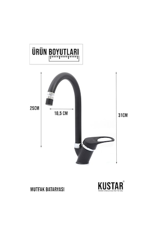 Kustar Mix 3'lü Banyo + Duş + Mutfak + Lavabo Eviye Batarya Seti Siyah