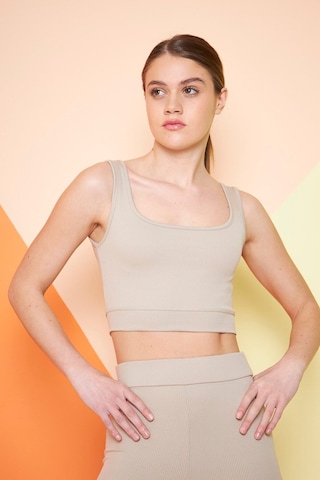 Thiff Gymwear Kahverengi Fitilli Kare Yaka Esnek Örme Crop Büstiyer Atlet Bej