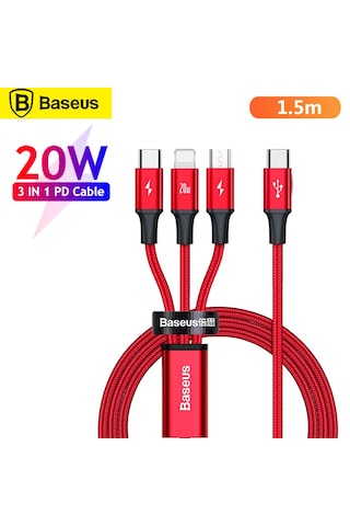 Gajeena Baseus 3'ü 1 Arada Hızlı Şarj Kablosu 1.5m Kırmızı - Pd 20w, Type-c/micro Usb/iphone Uyumlu, Veri Senkronizasyonu