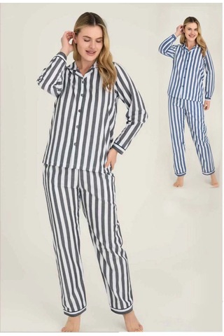Kocabey 4007 Kadın Uzun Kol Çizgili Gaffuriye Pijama Takımı Antrasit