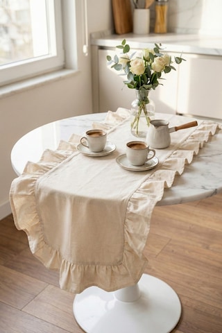 Ham Naturel Fırfırlı Keten Runner - 40x110 Cm Beyaz