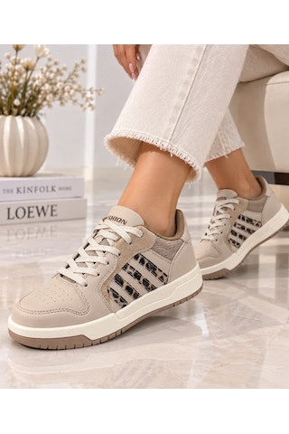 Papucumun Dünyası Lambırlent Unisex Bağcıklı Şeritli Hafif Konforlu Sneaker Krem