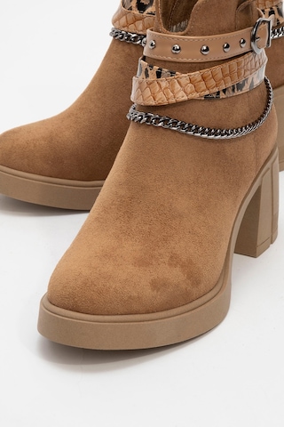 Luvishoes Luvi Shoes Boliva Taba Süet Kemerli Zincirli Kadın Kalın Topuklu Bot Taba Süet
