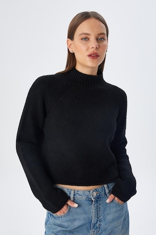 Mixray 6854 Kadın Dik Yaka Bütün Crop Triko Kazak Siyah Siyah