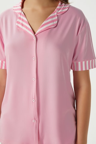 Ritnice Kadın Elena Yumuşak Doku Pembe Çizgili Ön Düğme Kısa Kollu Pijama Takımı