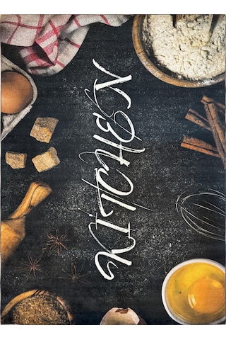 Mutfak Halısı Kitchen Yazılı Siyah Yumurta Desenli Dijital Baskılı Kaymaz Taban Yıkanabilir