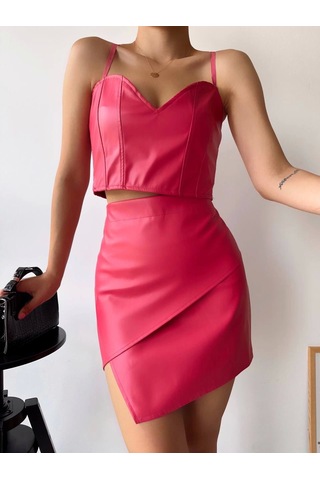 Kapaklı Asimetrik Model Deri Etek Pembe S240106 Pembe