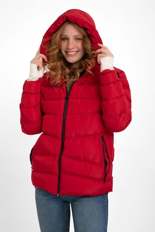 Kadın Kapüşonlu Polarlı Kürklü Su Geçirmez Rüzgara Dayanıklı Şişme Mont Kaban Parka Kırmızı