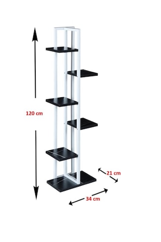 Çiçeklik 6 Bölmeli Raf Beyaz Metal Çerçeveli Sağlam Siyah Mermer