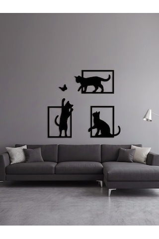 3 Parça Dekoratif Kedi Ve Kelebek Temalı Duvar Dekoru - Modern Tasarım