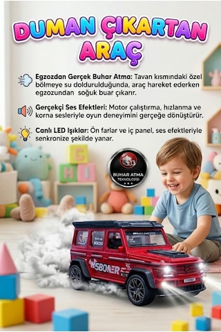 Duman Çıkaran 3 Buton Fonksiyonlu Işıklı Müzikli Sesli Sürtmeli 4x4 Arazi Aracı Temalı Oyuncak Araba Kırmızı
