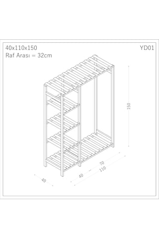 Ahşap Gardırop, Masif Ahşap Dolap, Açık Dolap 110x40x150 Ahşap