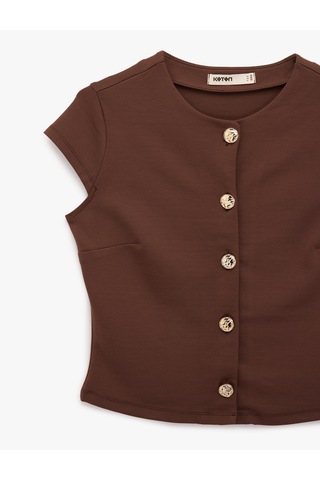 Koton Slim Fit Mücevher Düğme Detaylı Bisiklet Yaka Kap Kol Bluz Kahverengi 6sak50417ek Kahve