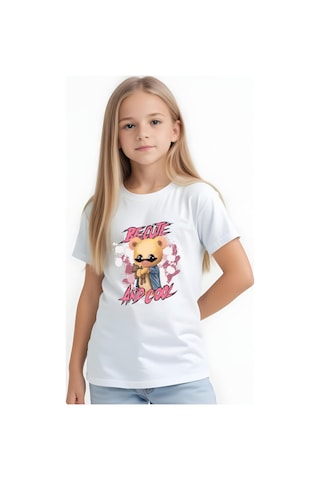 Panios Kids And Cool Baskılı Kız Çocuk Kısa Kollu T-shirt Beyaz