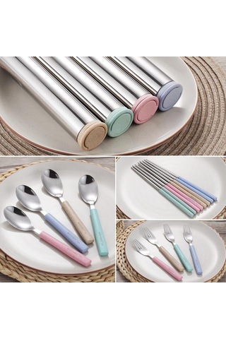 Yaratıcı 304 Paslanmaz Çelik Sofra Takımı Buğday Samanı Seyahat Yemek Takımı Taşınabilir Çatal Bıçak Takımı Pembe