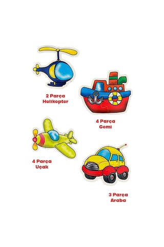 13 Parça Taşıt Figürlü Puzzle Seti - Araba Gemi Uçak Helikopter Şekilli 2-3 Yaş Eğitici Yapboz