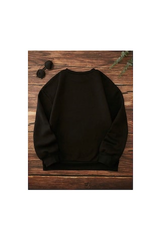Herkesemoda Çilek Baskı Detaylı Bisiklet Yaka Sweatshirt Siyah