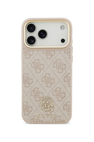 Apple Uyumlu iPhone 17 Pro Max Kılıf Guess Lisanslı M-safeli Gold Metal Kamera Çerçeveli Taşlı 4g Logolu Pembe Pembe