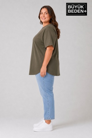 Superlife Süperlife Büyük Beden Kadın Bisiklet Yaka Basic Oval Etek Detalylı 3xl-6xl Uzun Tunik Spr26btsk502 Haki