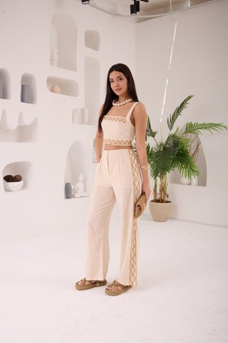 Zikzak Nakış Kalın Askılı Crop Bluz Pantolon 2li Takım Bej