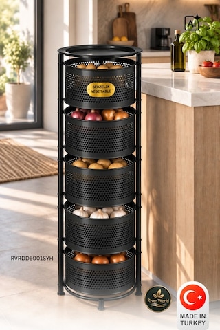 River World Tekerleksiz Rengi Siyah Açılabilen 5 Katlı Çok Amaçlı Metal Raf Mutfak, Balkon, Kiler Çok Renkli