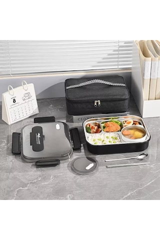 Valkyrie 304 Paslanmaz Çelik Lunch Box 2400 Ml Termal Taşıma Çantalı 5 Bölmeli Sızdırmaz Yemek Kabı Çatal Kaşık Dahil Siyah