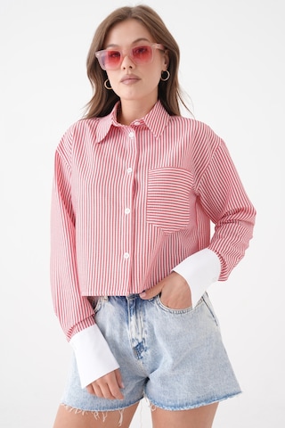 Saade Kırmızı Çizgili Crop Gömlek Kırmızı