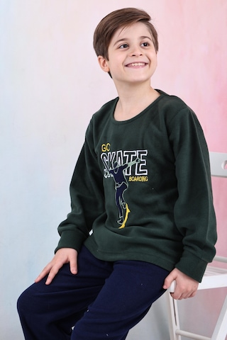 Yeni Sezon Sonbahar/kış Erkek Çocuk Skate Desenli Polar Pijama Takımı 4515 Haki Yeşili