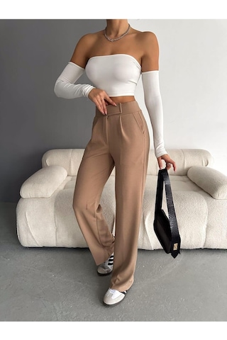 Nevege Butik Nevege Beli Cırtlı Likralı Krep Kumaş Palazzo Pantolon Camel