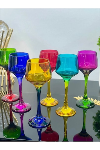 6 Lı Cam Renkli Ayaklı Kahve Yanı Su Bardağı Sunumluk Bardak