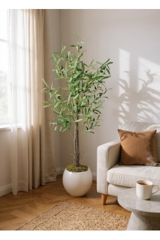 Yapay Zeytin Ağacı 130cm İki Gövdeli Beyaz Küre Saksıda Salex Doğal Gerçek Görünümlü Yapay Ağaç