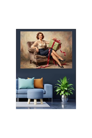 Hediye Paketi Tutan Pin-up Kadın Yağlı Boya Dokulu Kanvas Tablo Canvas Tablosu