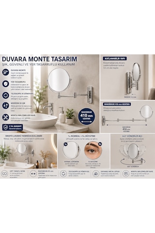 Duvara Monte Mafsallı Makyaj Aynası 1x + 5x Büyütmeli Çift Taraflı 410 Mm Uzatılabilir Krom