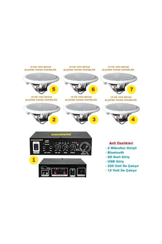 Tavan Hoparlör Seti 1 Adet Anfi + 6 Adet 100v 16 Cm Tavan Hoparlör -118698