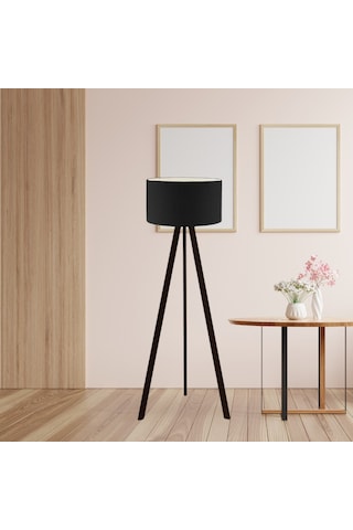 Pratik Tripod Ahşap Ayaklı Lambader Köşe Lambası Siyah Kumaş Dark Siyah