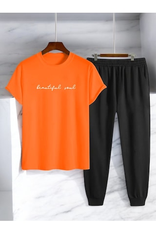 Uyguntarz Unisex Beatiful Soul Tasarım Basklı Tshirt Eşofman Takımı Turuncu