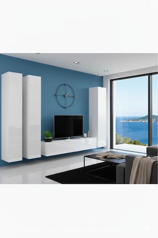 Mac Dizayn Fasalıs Boy Dolaplı 140 Cm Beyaz Parlak Tv Ünitesi Modern Duvar Tipi Minimalist Tasarım Parlak Beyaz