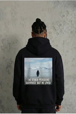 Vexor Siyah Oversize Hoodie - Sırt Baskılı Survivor Penguin Temalı, Felsefi Yazılı Kapüşonlu Sweatsh