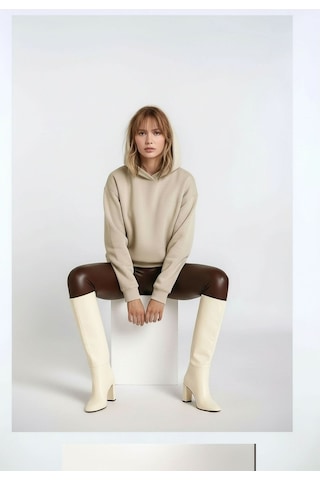 Mamayaga Kadın 3 İplik Kalın Kapüşonlu Oversize Curve Kalıp Uzun Kol Sweatshirt Kazak Bej